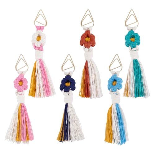 AHANDMAKER 6 Stück 6 Farben Bohemian Flower Quaste Lesezeichen Set Makramee Daisy Blumen Lesezeichen Charm Handgefertigte Boho Makramee Büroklammern Für Buchliebhaber Leser