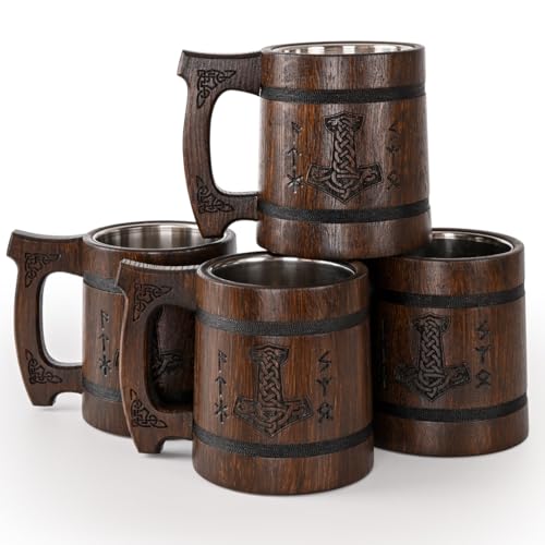 TESLYAR Wikinger krug für Bier Mjölnir 0,6 Liter | Bierkrug für Männer | Becher | Maßkrug | Bier Geschenk | Geschenkideen für Männer, Geschenk Vatertag (4 Thors Hammer)