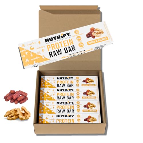 NUTRIFY Protein Raw Bar Dattel Walnuss – 12er Pack, 45g Riegel, Vegan, High Protein, Glutenfrei, Ohne Zusatz von Zucker, Natürlicher Energie-Snack, Ideal für Fitness & Sport