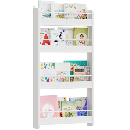 MAHANCRIS 4-stöckiges Kinder Bücherregal, Kinderregal, Wandregal für Spielzeug, Buch-Organizer aus Holzwerkstoff für Kinderzimmer, Kindergarten, Vorschule, Weiß ABKBW7601