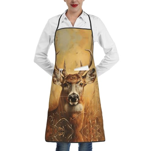 Cvnbmakk Kochschürze mit Wildhirsch-Druck, Unisex, mit Taschen, verstellbar, wasserdicht, Küchenschürze zum Kochen, Backen