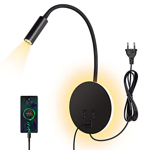 ERWEY Leselampe Bett, Leselampe Wandmontage 3W+8W Bettlampe mit Schalter und USB-Aufladung,LED Wandlampe Leselicht 360° Schwenkbar Schwanenhals mit Stecker und Kabel für Schlafzimmer, Schwarz