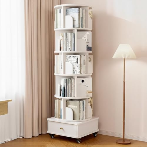 WUDLEP Drehbares Bücherregal 5 Regal Standregal, Rundes Bücherregal schmales Bücherregal mit Schubladen, 360° Rotating Bookshelf ür Zuhause Büro Arbeitszimmer Aufbewahrungsregal