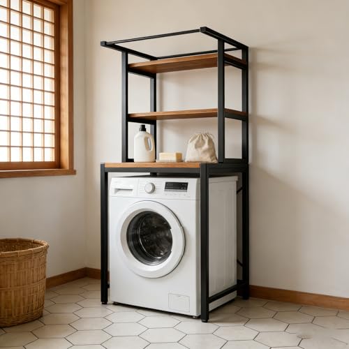 WanKaMom 3-stufiges Waschmaschinenregal, industrielles Metallregal, bodenstehende Hochleistungsregale for Küche, Wäscherei, Badezimmer(Black)