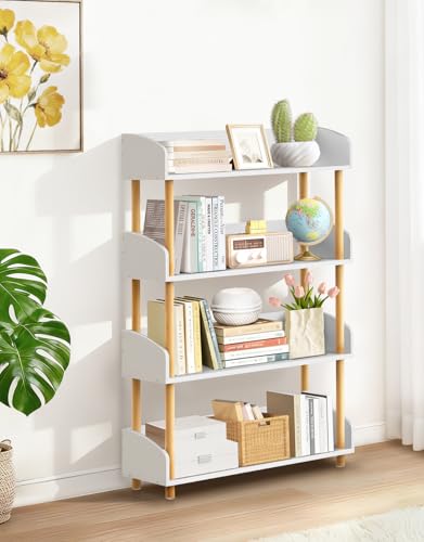 OUTONLIFE Modernes Offenes 4-Ebenen Bücherregal Weiß, Freistehend mit Massivholzrahmen und Oberkante, Vielseitiges Holz Standregal und Aufbewahrungsregal für Wohnzimmer, Schlafzimmer, Kinderzimmer