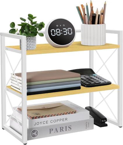 YOWINKE Schreibtischregal aus Holz & Metall, Tischregal Organizer mit 2 Ebenen - Aufbewahrungsregal für Büro, Homeoffice & Wohnzimmer -Bücherregal Klein für Schreibtisch & Kommode (Weiß)