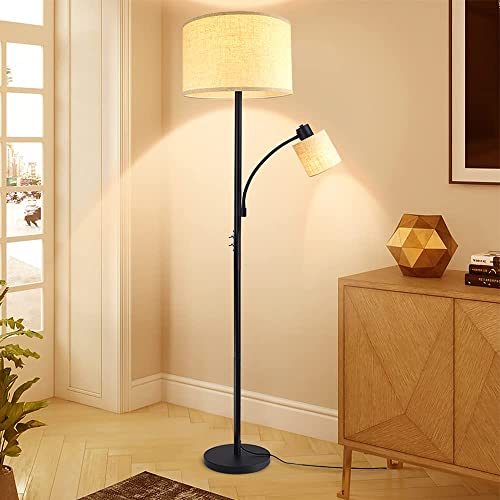 Depuley Led Stehlampe E27 mit 5W Leselampe, Moderne Stehleuchte schwarz mit 2 Kippschlter & Stoffschirm, Augenschutz Standleuchte für Wohnzimmer Schlafzimmer Büro Sofa(Glühbirnen inkl)