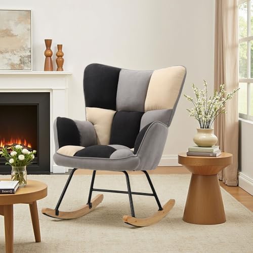 DARDVORLAG Schaukelstuhl – Moderner Relaxsessel aus Holz mit Leinenbezug, Ergonomischer Wippsessel für Wohnzimmer & Leseecke 150 kg belastbar(Weiß, Grau und Schwarz, 98.5CM X 71CM X 91CM)