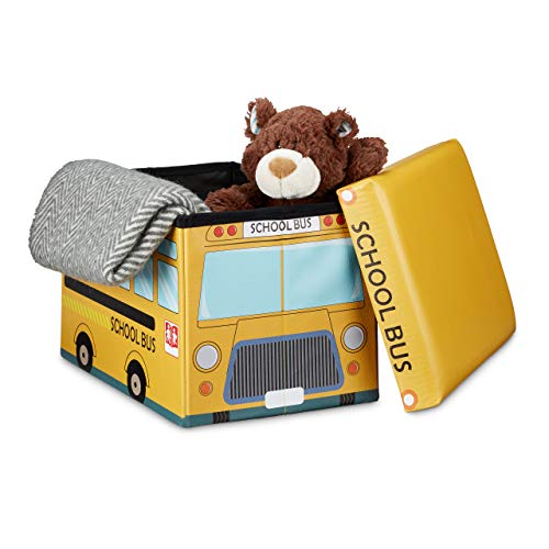 Relaxdays Faltbare Spielzeugkiste Schulbus HBT 32 x 48 x 32 cm stabiler Kinder Sitzhocker als Spielzeugbox aus Kunstleder mit Stauraum ca. 37 l und Deckel zum Abnehmen für Kinderzimmer, School-Bus