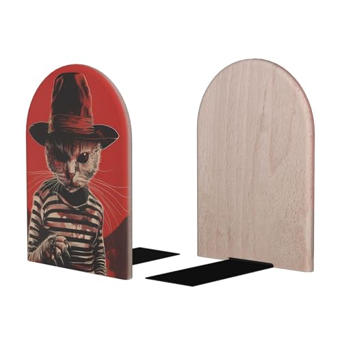 Buchstützen für Regale, 1 Paar – Holz mit Metallsockel, Retro-Horror-Katzen-Porträt, Buchstützen für schwere Bücher, Bücher, Filme, CDs für Büro, Zuhause, dekorativ