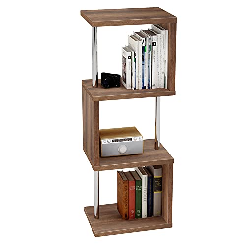 Bestier S-förmiges Bücherregal mit 3 Ebenen, freistehend, modernes Regal mit Metallrahmen, Ausstellungsregal für Wohnzimmer, Schlafzimmer, Büro, braun