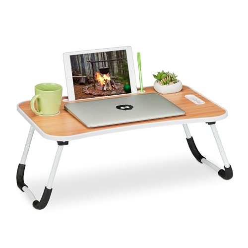 Relaxdays Laptoptisch für Bett & Couch, H x B x T: 26 x 63 x 40 cm, klappbarer Betttisch, Notebooktisch, Hellbraun/weiß