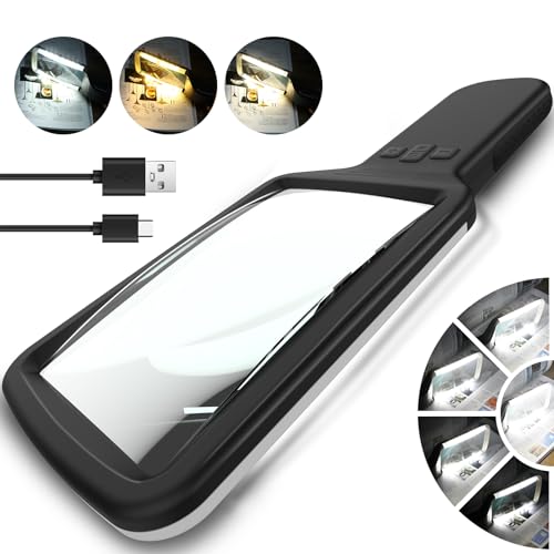 Tobegiga Lupe mit Licht, 6-fache Leselupe mit Licht für Senioren Groß USB-Aufladung, 3 Farbmodi Handlupe, stufenlos dimmbare beleuchtete Lupe Lesehilfe mit Makuladegeneration und Sehschwäche