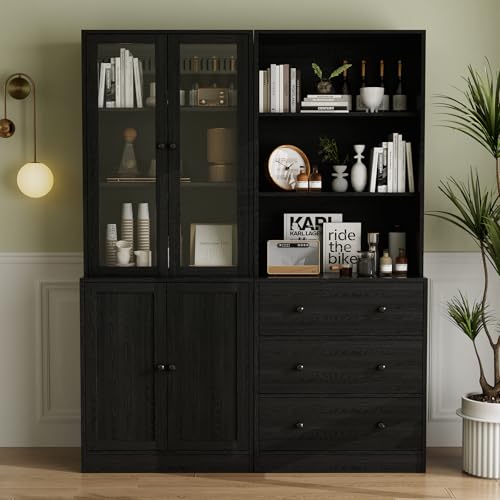 VOWNER 5-stöckiges Bücherregal mit Glastüren, 180 cm Vitrinenschrank, Küchenschränke, Küchenschrank Hochschrank, Buffetschrank für Küche, Wohnzimmer, Esszimmer, 2PCS (Schwarz)
