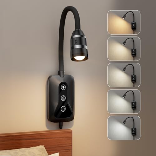 HUAEU LED Leselampe Bett mit Hand-Sensor & Touch-Control – Dimmbare Leselampe Wand mit 5 Farben & USB-Anschluss | Flexibler Schwanenhals für Leselicht Buch, Ideal für Schlafzimmer & Nachtlektüre
