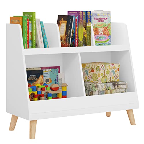 Lestarain Kinderregal, Kinderzimmerregal mit 5 Ablagefächern, Bücherregal für Kinder, Spielzeug-Organizer, Aufbewahrungsregal für Kinderzimmer, mit Massivholzbeinen, 82x70x35 cm, Weiß