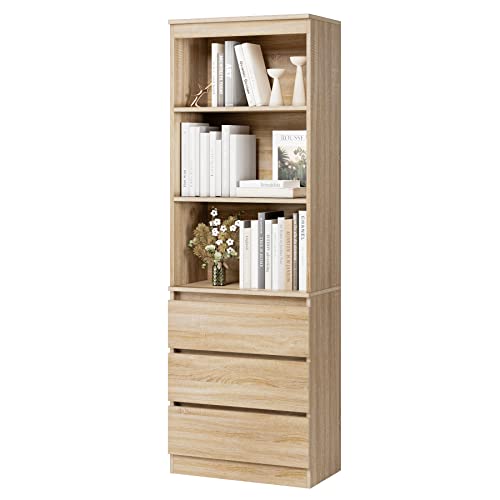 FirFurd Bücherregal mit 3 Schubladen 3 Fächern, 180 cm Hochschrank, Küchenschrank aus Holz, Mehrzweckschrank für Wohnzimmer Büro Küche, Eiche
