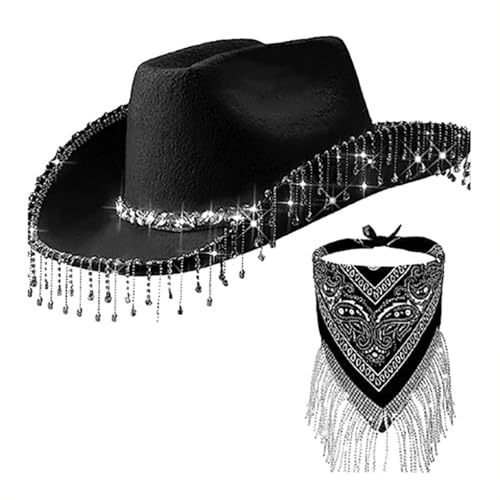 Women's Hat Elegant Pendant Cowboy Hat Tassel Scarf Dating Decoration Two Piece Set Radio Cowboy (Black, One Size)