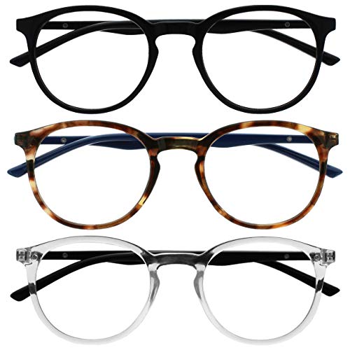 OPULIZE Met - Lesebrille Blaulichtfilter 3er Pack Schlank Runder Rahmen Federscharniere Verbessert Schlaf Computer Gaming Entspiegelt Schwarz Braun Transparent Herren Damen BBB60-12C +2.00