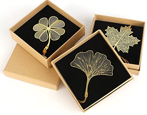 Boisbresil 3 Stück Metall Lesezeichen 3D Metall Leaf Lesezeichen mit Quaste Gold Klassisch lesezeichen Hohles Design Vierblättriges Kleeblatt Ginkgo Biloba Ahornblatt Lesezeichen mit Exquisit Box