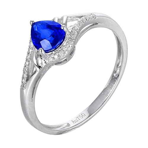 Homxi Damen Trauringe Ring Weißgold 18K, 3 Zinken Wassertropfen mit Erstellter Saphir 0,75 Karat und Moissanit, Damen Ring Eheringe Verlobung Blau Silber Gr. 52 (16.6)