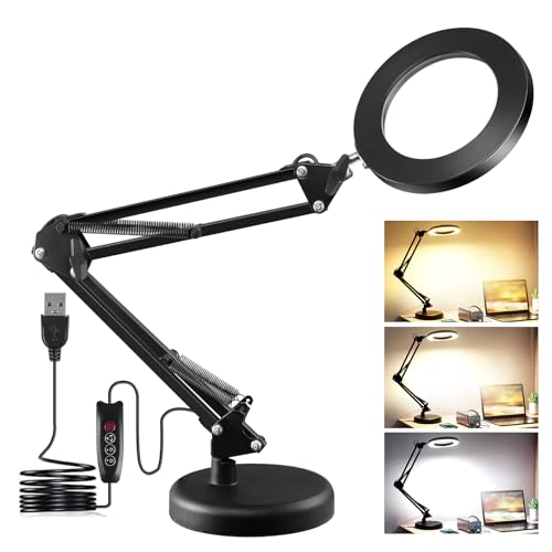 Lupe mit Licht und Ständer 10 Fach Lupenleuchte mit Klemme Leselupe Standlupe Lupenlampe mit 3 Farben und stufenloser Dimmbarkeit LED Schreibtischlampe für Reparatur Arbeit,Lernen, Naharbeit(schwarz)