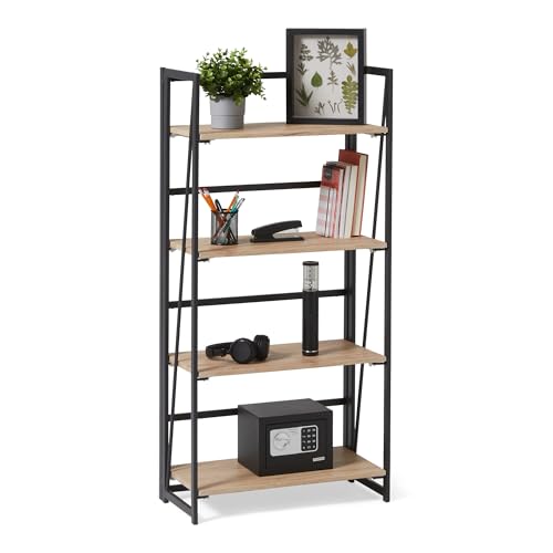Amazon Basics Klappbares Bücherregal, Metallrahmen, 4 Holzbretter, Wohnzimmer, Schlafzimmer, Homeoffice, Einfache Montage, Eiche, 29,5cm x 60cm x 125cm