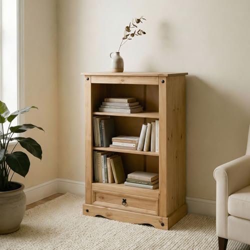 CARO-Möbel Regal Salsa Bücherschrank Bücherregal Mexiko-Stil, Kiefer massiv gebeizt, gewachst, 1 Schublade