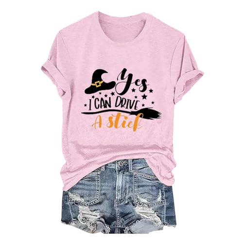 Halloween-T-Shirt für Damen, Aufschrift 'I Can Drive Witch', kurzärmelig, Rundhalsausschnitt, für den Sommer, lustiges Party-Top, rose, XXL