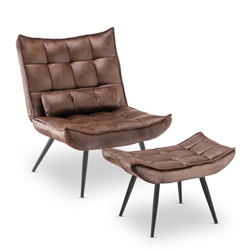 MCombo Sessel mit Hocker, moderner Relaxsessel mit Taillenkissen für Wohnzimmer, Retro Vintage Lesesessel Loungesessel Stuhl Polstersessel,Mikrofaserstoff,4779 (Braun)