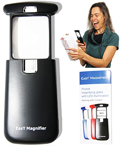 EasY Magnifier Taschen Lupe 3fach mit LED Licht; Kleine Leselupe Lesehilfe für Senioren, Mini Handlupe Geschenk für Kinder; Vergrösserungsglas