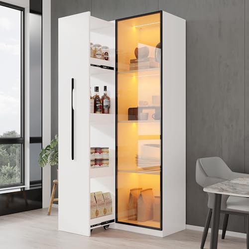 Gxffipw Vitrine Highboard Weiss 70x40x160 cm mit Bücherregal und Glastür, Vitrinenschrank Glasvitrine mit Seitliche Schublade und LED-Beleuchtung, Glasvitrine Stehend mit Rollen, Wohnzimmerschrank