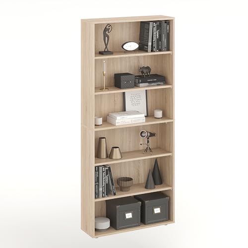 KOMTO Regal 80 cm breit Sonoma Eiche - Bücherregal mit 6 Ebenen und Höhenverstellbare Regale, Standregal, Aufbewahrungsregal | Bookshelf Lumo 80 x 180 x 24 cm (BxHxT)