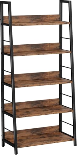 IRONCK Bücherregal, Standregal 5 Ebenen, Leiterregal Industriestil, 35x70x150cm Regal mit Stahlrahmen für Büro, Wohnzimmer, Schlafzimmer, Arbeitszimmer, Küche, vintagebraun-schwarz