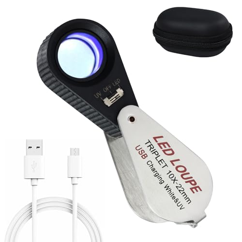 Juwelierlupe mit UV- und LED-Lichtern, wiederaufladbar, 10-fache Lupe, 22 mm, optisches Glas, Triplettlinse, Schmucklupe, Faltbare Vergrößerung für Schmuck, Steine, Münzen, 10 Stück