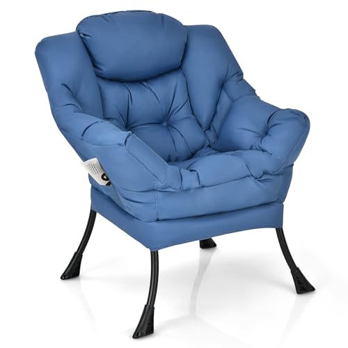 HOMASIS Relaxsessel gepolstert mit Hocker, Ohrensessel mit Armlehnen & Kopfkissen, Lesesessel mit Seitentasche, belastbar bis 150 kg, Fernsehsessel für Wohnzimmer Schlafzimmer Büro (Modell 2, Blau)