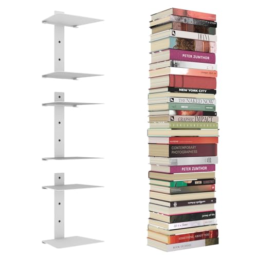 Mefirt Unsichtbare Bücherregale, 6 Stöckiger Vertikaler Bücherturm, Schwebendes Bücherregal für die Wand, Verstecktes Bücherregal aus Metall für das Schlafzimmer, Dekoration im Heimbüro, 3er Set, Weiß