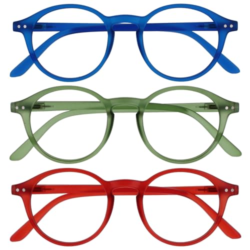 OPULIZE REY Lesebrille - 3er-Pack - Runder Retro-Rahmen - Mattblau, Grün, Rot - Herren Damen - Federscharniere - RRR56-36Z - +1.50