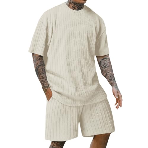 Sportanzug Herren Klassisch Kurzarm T-Shirt Und Kurze Hosen 2-Teiliges Set Casual Mode Jogginganzug Fitness Atmungsaktiv Trainingsanzug C-White XXL