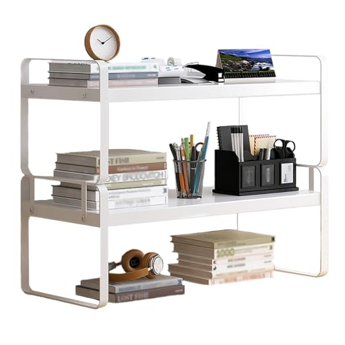 Hggzeg Schreibtisch-Regal-Organizer, 2-stöckiges Schreibtisch-Bücherregal, Mehrzweck-Bücherregal, Aufbewahrungsregal für Zuhause, Büro, Schule (weiß + weiß)