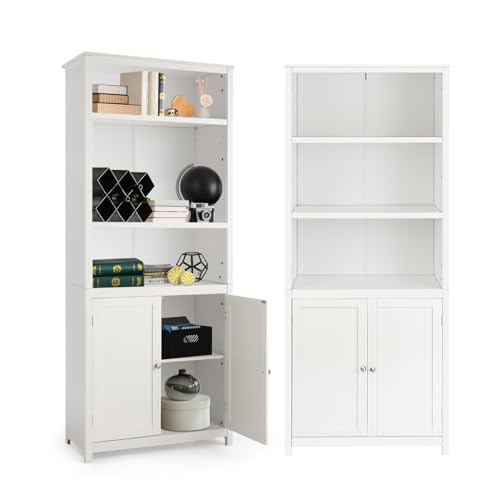 KOMFOTTEU Bücherregal Bücherschrank, Hochschrank mit 3 Ablagen & 2 Türen, Standregal Holz, Aktenschrank Mehrzweckschrank Büroregal für Wohnzimmer Küche 74,5x35,5x181,5 cm (Weiß)