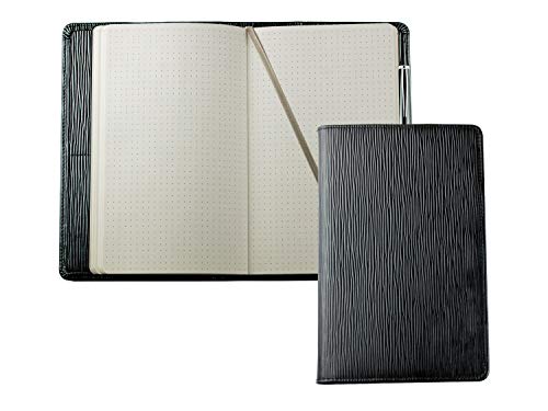 DELMON VARONE - Personalisierbares Notizbuch Etui DIN A5 aus Premium Manhattan Leder schwarz, Blanko Buch punktiert im Hardcover Einband mit Stiftschlaufe, Einschubfächer und Merkband