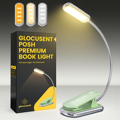 Glocusent Posh Premium Leselampe Buch Klemme mit Timer, 16 LED Wiederaufladbar Buchlampe, Laufzeit 160 Stunden, 1800K augenschonend Leselicht, 3 Farben & 5 Helligkeitsstufen, perfekt für Leser