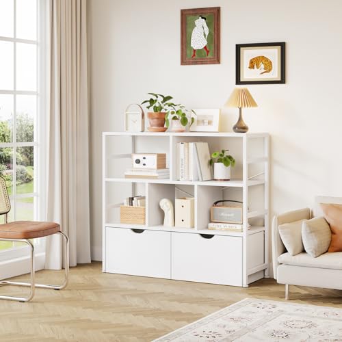Dripex Bücherregal mit 2 Schubladen, Bücherschrank mit 7 Fächern aus Holz und Metallrahmen Standregal Würfelregal für Schlafzimmer Wohnzimmer Arbeitszimmer Büro 33 x 100 x 90 cm Weiß