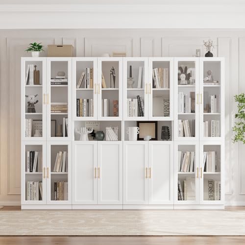 VOWNER Bücherregal mit Glastüren, 5-stöckiges Bücherregal mit Verstellbarem Regalboden, Modernes Großes Aufbewahrungsvitrinen-Set für Home Office, Wohnzimmer, Weiß(CDDC)