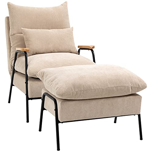 HOMCOM Relaxsessel mit Hocker Sessel mit Verstellbar Rückenlehne, Liegefunktion, Kissen, Loungesessel Modern Polstersessel mit Kord-Optik für Wohnzimmer bis 180 kg belastbar, Beige
