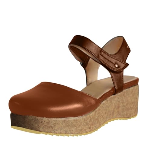 HOOUDO Orthopädische Sandalen Damen Sommer Keil Heel Roman Gummiband Geschnitzte Atmungsaktive Schuhe Dicke Sohlen Keile Lässige (Brown, 37) Damenschuhe Mittelalter Wasserfeste Sneaker