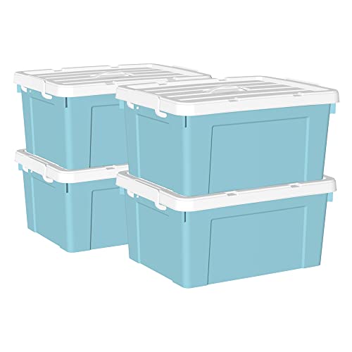 Cetomo 35 l x 4 Kunststoff-Aufbewahrungsbox, Tragetasche, Organisationsbehälter mit robustem Deckel und sicheren Verriegelungsschnallen, stapelbar und stapelbar, 4 Stück, blau mit Schnalle