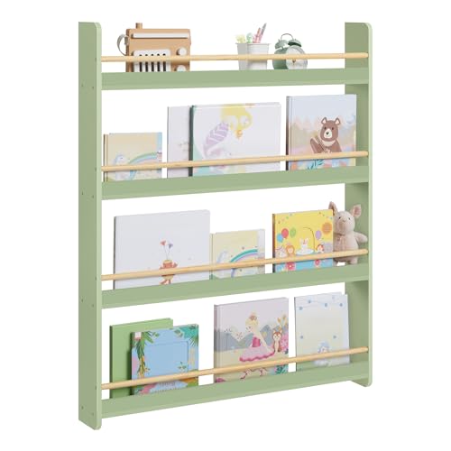 SONGMICS Bücherregal Kinder, Kinderregal mit 4 Ebenen, Spielzeugregal, Wandregal, für Kinderzimmer, Spielzimmer, lorbeergrün-naturfarben GKR014CE02