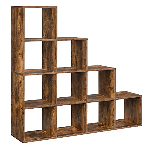 VASAGLE Bücherregal mit 10 Fächern, Regal mit offenen Fächern, Aufbewahrungsschrank, für Dekorationen, Bilderrahmen, Wohnzimmer, Schlafzimmer, Büro, 29 x 129,5 x 129,5 cm, rustikales Braun LBC10BX